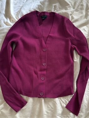 Halogen Ribbed Slight Crop Cardigan Berry Magenta